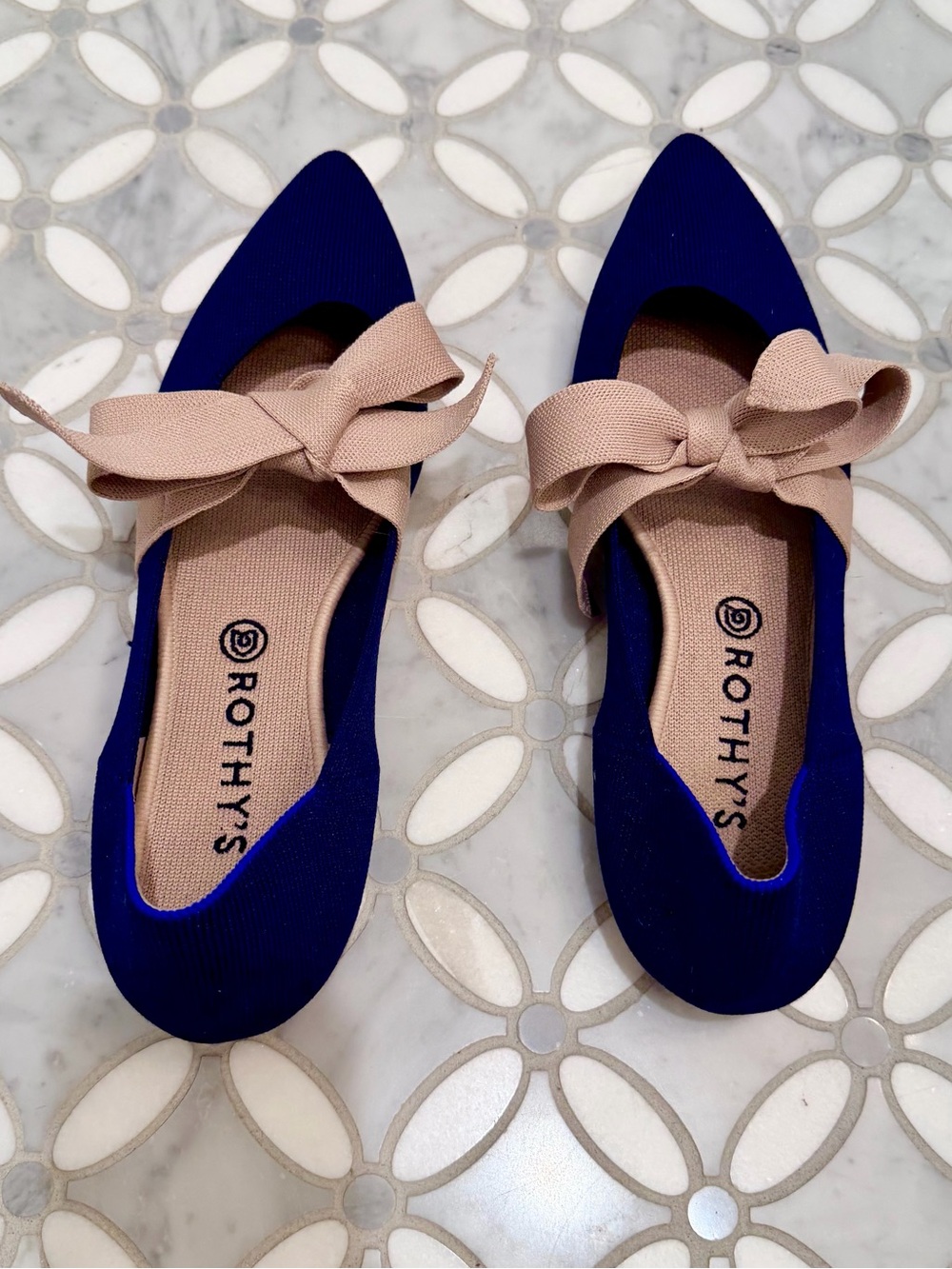 Rothy's The Mary Jane Pointed Toe Flat Sapphire Blue Tan Bow Size 12.5 - Picture 3 of 11